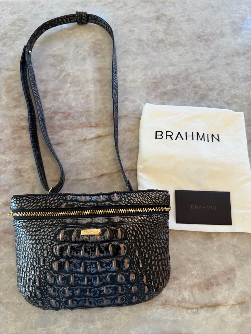 Brahmin Black Croc-Embossed Leather Crossbody with Gold Hardware